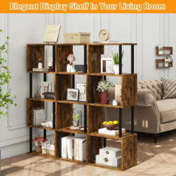 Oira 5 Tier Tall Bookshelf,s Shaped Geometric Bookcase,brown Wood Display Shelves - thumbnail 6