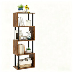 Oira 5 Tier Tall Bookshelf,s Shaped Geometric Bookcase,brown Wood Display Shelves - thumbnail 1