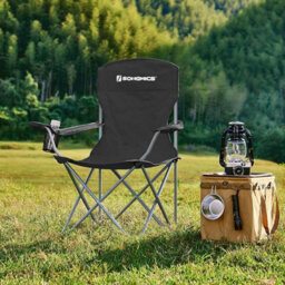Songmics Pair Of Folding Outdoor Chairs, Heavy Duty Construction With Cup Holders, Comfortable Seating, Black - thumbnail 1