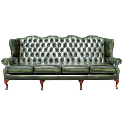 Chesterfield 4 Seater Flat Wing High Back Antique Green Real Leather Sofa In Queen Anne Style - image 1
