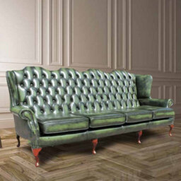 Chesterfield 4 Seater Flat Wing High Back Antique Green Real Leather Sofa In Queen Anne Style - thumbnail 3
