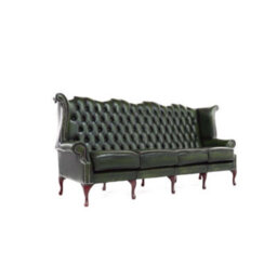 Chesterfield 4 Seater Flat Wing High Back Antique Green Real Leather Sofa In Queen Anne Style - thumbnail 6
