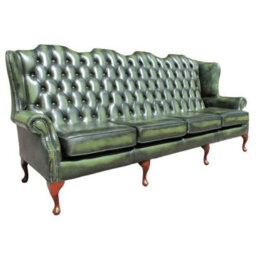 Chesterfield 4 Seater Flat Wing High Back Antique Green Real Leather Sofa In Queen Anne Style - thumbnail 2
