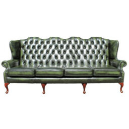 Chesterfield 4 Seater Flat Wing High Back Antique Green Real Leather Sofa In Queen Anne Style