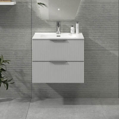 Royal Bathrooms Evora 700mm Matt White Fluted Wall Hung Bathroom Bathroom Vanity Unit 2 Drawer Cabinet Storage With Ceramic Basin - image 1