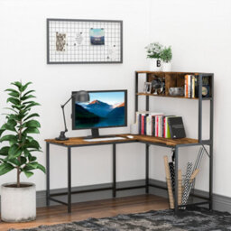 Homcom Industrial L-Shaped Work Desk & Storage Shelf Steel Frame Adjustable Feet - thumbnail 1