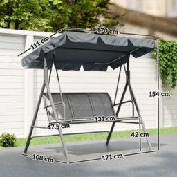Outsunny Metal Swing Chair 3 Seater Patio Bench W/ Canopy, Dark Grey - thumbnail 3