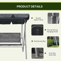 Outsunny Metal Swing Chair 3 Seater Patio Bench W/ Canopy, Dark Grey - thumbnail 6