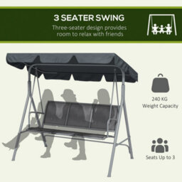 Outsunny Metal Swing Chair 3 Seater Patio Bench W/ Canopy, Dark Grey - thumbnail 7