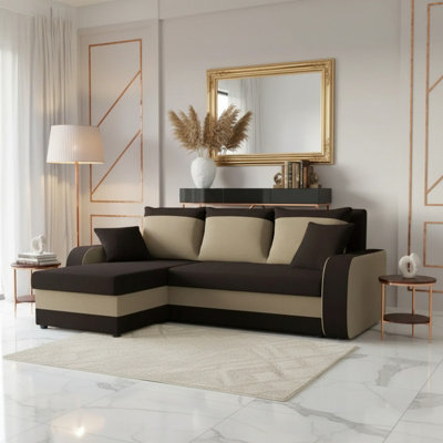 Kris M Corner Sofa Bed With Two Bedding Storage Compartments Polyurethane Foam Frame Plastic Legs 238X147X80Cm Brown And Beige - image 1