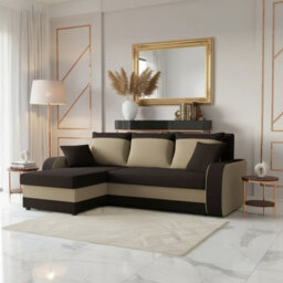 Kris M Corner Sofa Bed With Two Bedding Storage Compartments Polyurethane Foam Frame Plastic Legs 238X147X80Cm Brown And Beige