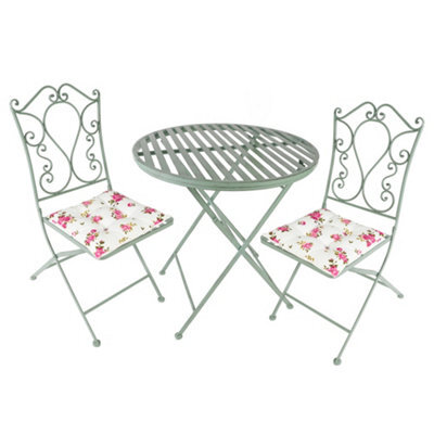 Dibor Vintage Green 3 Piece Outdoor Garden Furniture Dining Table And Chair Folding Bistro Set With Free Set Of 2 Pink Seat Pad Cushions - image 1