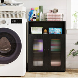 Costway Bathroom Cabinet Freestanding Linen Floor Cabinet With 2 Doors-Black - thumbnail 4