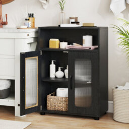 Costway Bathroom Cabinet Freestanding Linen Floor Cabinet With 2 Doors-Black - thumbnail 2