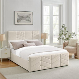 Ecasa Mateo Cream Plush Velvet Fabric King Size 5Ft Bed Frame With Ottoman Storage - thumbnail 1