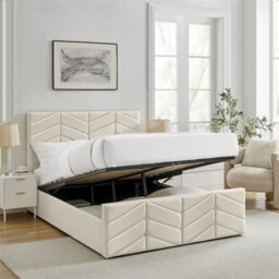 Ecasa Mateo Cream Plush Velvet Fabric King Size 5Ft Bed Frame With Ottoman Storage - thumbnail 2