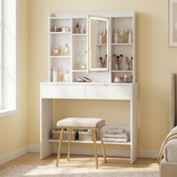 Ledrem Vanity Desk With Lighted Mirror, Dressing Table With Adjustable Shelves, Modern, White - thumbnail 5