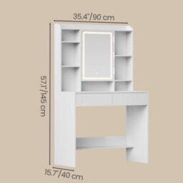 Ledrem Vanity Desk With Lighted Mirror, Dressing Table With Adjustable Shelves, Modern, White - thumbnail 4