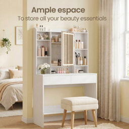 Ledrem Vanity Desk With Lighted Mirror, Dressing Table With Adjustable Shelves, Modern, White - thumbnail 7