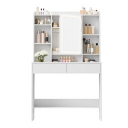 Ledrem Vanity Desk With Lighted Mirror, Dressing Table With Adjustable Shelves, Modern, White - thumbnail 3