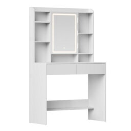Ledrem Vanity Desk With Lighted Mirror, Dressing Table With Adjustable Shelves, Modern, White - thumbnail 2