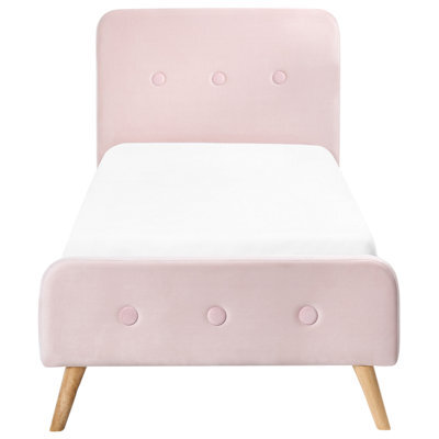 Wyld And Coco Slatted Bed Frame Pastel Pink Velvet 3Ft Single Eu Modern - Oak Legs, Buttoned Headboard - image 1