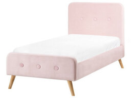 Wyld And Coco Slatted Bed Frame Pastel Pink Velvet 3Ft Single Eu Modern - Oak Legs, Buttoned Headboard - thumbnail 3