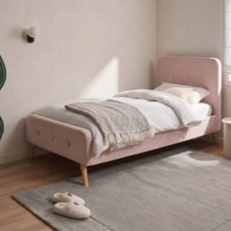 Wyld And Coco Slatted Bed Frame Pastel Pink Velvet 3Ft Single Eu Modern - Oak Legs, Buttoned Headboard - thumbnail 2