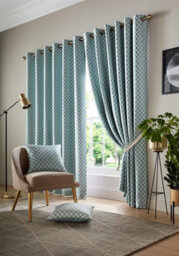 Alan Symonds Jacquard Curtains Eyelet Ring Top Fully Lined, Polyester, Teal, 90 X 72 - thumbnail 1