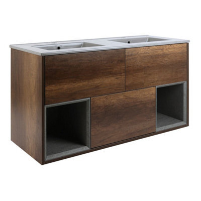 Homestylestore Dark Oak 1212mm Wall Hung Bathroom Vanity Unit Led Lit Open Shelf And Pebble Basin - image 1