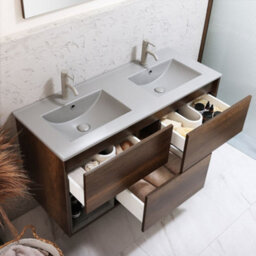 Homestylestore Dark Oak 1212mm Wall Hung Bathroom Vanity Unit Led Lit Open Shelf And Pebble Basin - thumbnail 2