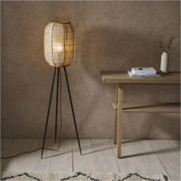 Loops 1325mm Floor Lamp - Natural Linen Bamboo & Matt Black Modern Handmade Wood - Standing Led Light Base - thumbnail 3