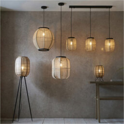 Loops 1325mm Floor Lamp - Natural Linen Bamboo & Matt Black Modern Handmade Wood - Standing Led Light Base - thumbnail 4