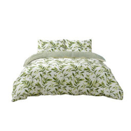 Duvet Cover And Pillowcase Set Reversible Leaf And Stripe Design Polycotton Bed Linen Green - thumbnail 2