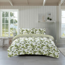 Duvet Cover And Pillowcase Set Reversible Leaf And Stripe Design Polycotton Bed Linen Green