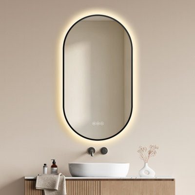 Emke Oval Led Bathroom Mirror 50 X 90Cm, Matte Black Aluminium Frame, 3 Colour Temperatures, Dimmable, Anti-Fog, Touch Control - image 1