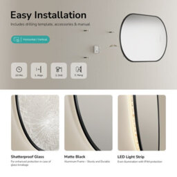 Emke Oval Led Bathroom Mirror 50 X 90Cm, Matte Black Aluminium Frame, 3 Colour Temperatures, Dimmable, Anti-Fog, Touch Control - thumbnail 6