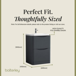 Balterley Dunwood Contemporary Bathroom Floor Standing 2 Drawer Vanity & Polymarble Basin, Dark Grey, 600mm - thumbnail 5