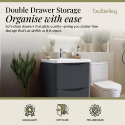 Balterley Dunwood Contemporary Bathroom Floor Standing 2 Drawer Vanity & Polymarble Basin, Dark Grey, 600mm - thumbnail 2