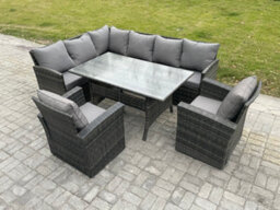 Fimous 8 Seater Outdoor Rattan Garden Furniture Set With Rectangular Dining Table 2 Armchairs Patio Wicker Corner Sofa Set - thumbnail 1
