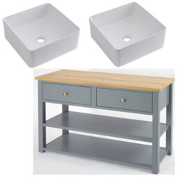 Homestylestore 1215mm Light Grey And Oak Bathroom Vanity Unit With Square Countertop Basins And Gold Round Handles