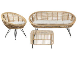 Wyld And Coco 3-Seater Rattan Sofa Set With Coffee Table And Beige Cotton Cushions - Natural Finish, Indoor-Outdoor. - thumbnail 3