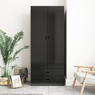 Urbn-Living Urbnliving Height 180Cm Glossy Black Carcass & Black Drawers Tall 2 Door Wardrobe Bedroom Storage Hanging Rail Modern Furniture - image 1