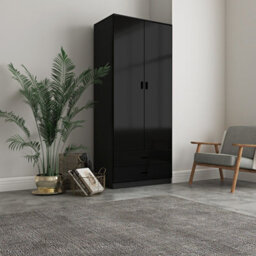 Urbn-Living Urbnliving Height 180Cm Glossy Black Carcass & Black Drawers Tall 2 Door Wardrobe Bedroom Storage Hanging Rail Modern Furniture - thumbnail 2