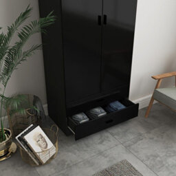Urbn-Living Urbnliving Height 180Cm Glossy Black Carcass & Black Drawers Tall 2 Door Wardrobe Bedroom Storage Hanging Rail Modern Furniture - thumbnail 3