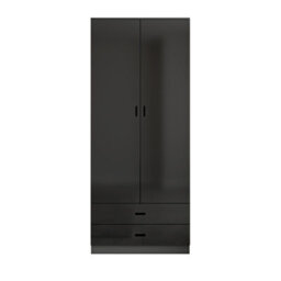 Urbn-Living Urbnliving Height 180Cm Glossy Black Carcass & Black Drawers Tall 2 Door Wardrobe Bedroom Storage Hanging Rail Modern Furniture - thumbnail 4