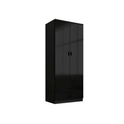 Urbn-Living Urbnliving Height 180Cm Glossy Black Carcass & Black Drawers Tall 2 Door Wardrobe Bedroom Storage Hanging Rail Modern Furniture - thumbnail 5