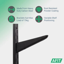 Afit Twin Slot Shelving Kit 9X270mm Brackets 3X1M Uprights Heavy Duty Steel Wall Mounted Shelving System - Black - thumbnail 3