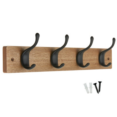 Keypak 4 Matte Black Coat Hooks On Ash Effect Wooden Board - 42Cm Modern Wall Mounted Coat Rack Clothes Hanger - image 1