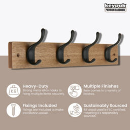 Keypak 4 Matte Black Coat Hooks On Ash Effect Wooden Board - 42Cm Modern Wall Mounted Coat Rack Clothes Hanger - thumbnail 2